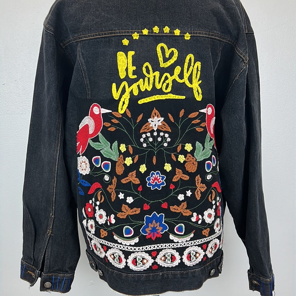 Adorned Crown Textile denim jacket embroidered custom be yourself altered XL