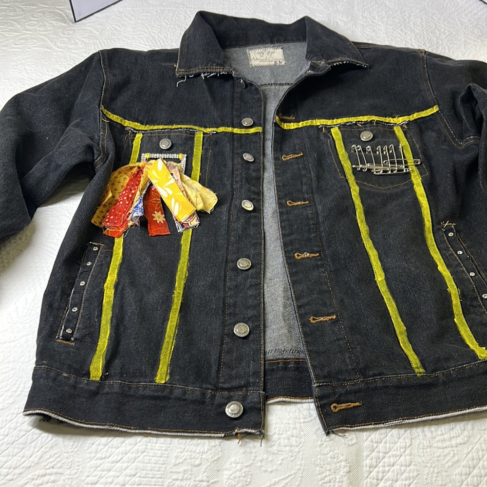 Adorned Crown Textile denim jacket embroidered custom be yourself altered XL