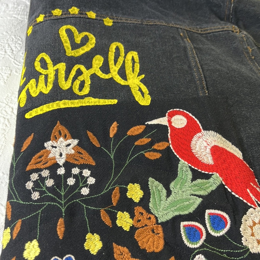 Adorned Crown Textile denim jacket embroidered custom be yourself altered XL