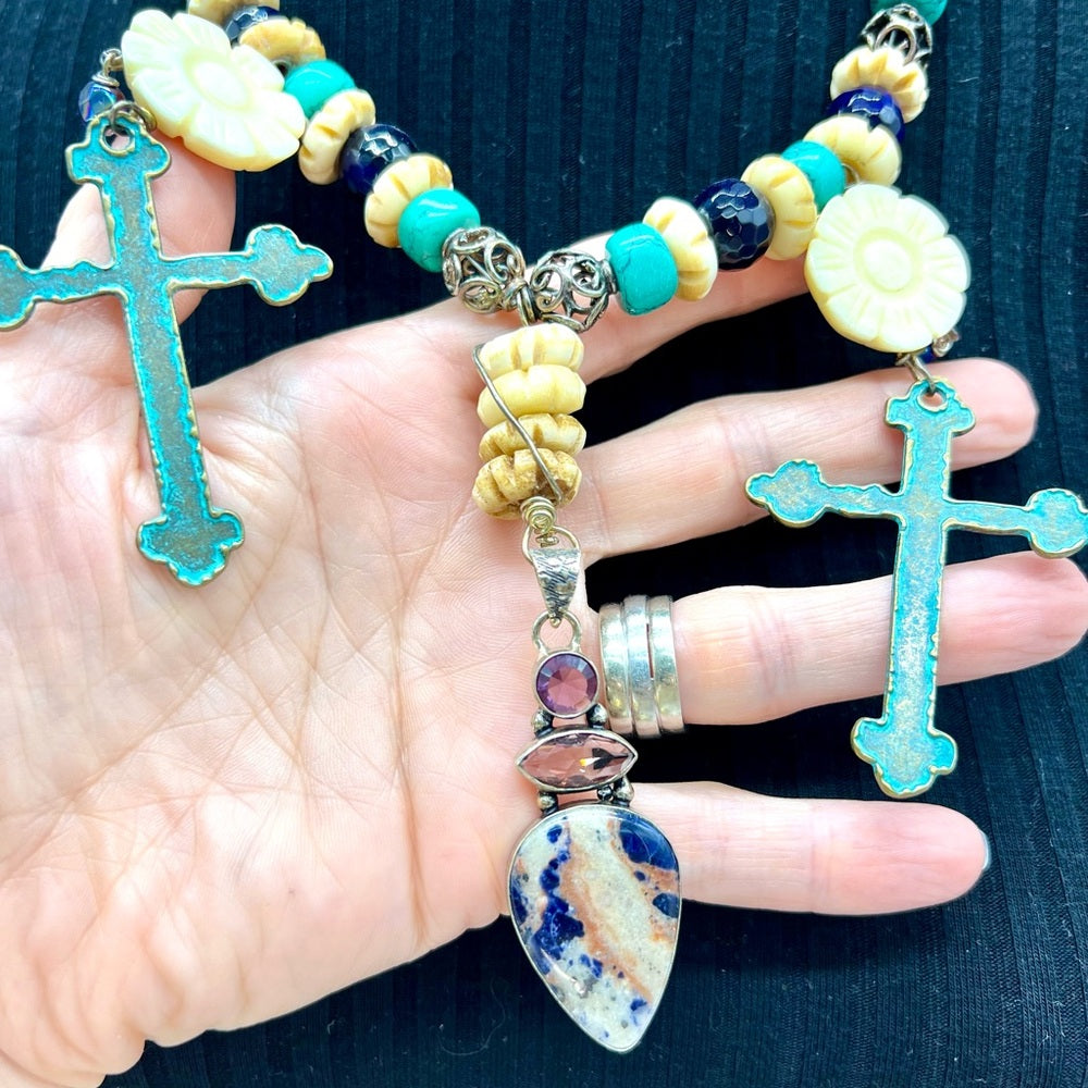 Adorned Crown Jewelry assemblage turquoises amethyst cross bone necklace