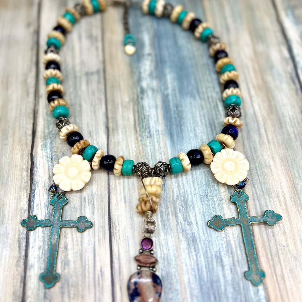 Adorned Crown Jewelry assemblage turquoises amethyst cross bone necklace
