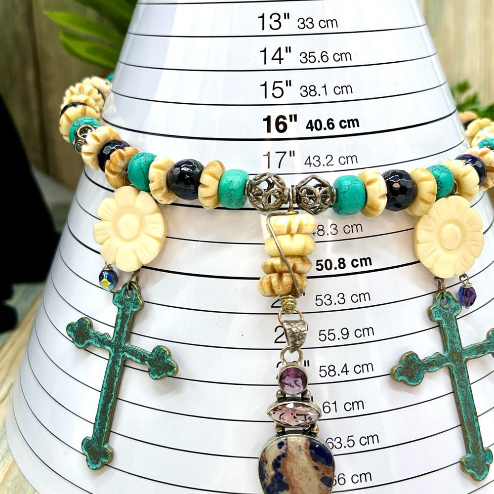 Adorned Crown Jewelry assemblage turquoises amethyst cross bone necklace
