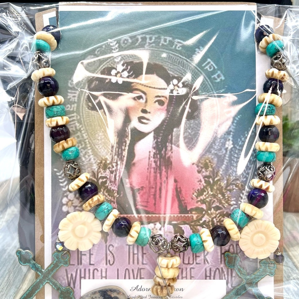 Adorned Crown Jewelry assemblage turquoises amethyst cross bone necklace