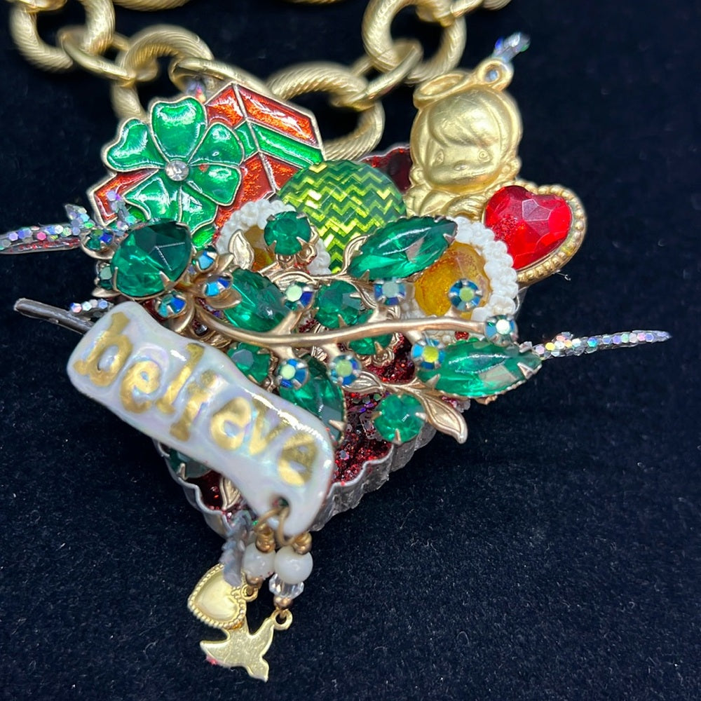 Adorned Crown Jewelry assemblage Christmas believe angel cluster necklace