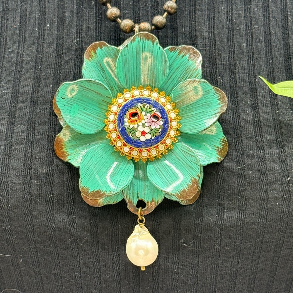 Adorned Crown Jewelry assemblage teal flower micro mosaic pearl drop necklace