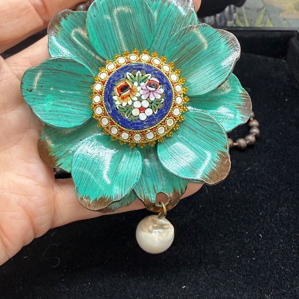 Adorned Crown Jewelry assemblage teal flower micro mosaic pearl drop necklace