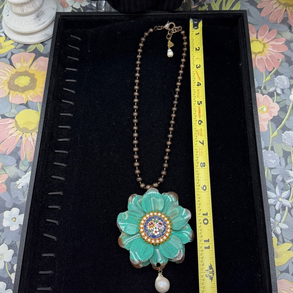 Adorned Crown Jewelry assemblage teal flower micro mosaic pearl drop necklace