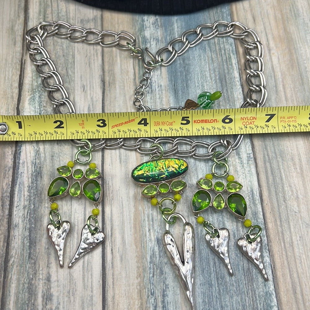 Adorned Crown necklace peridot hammered heart dichroic glass assemblage