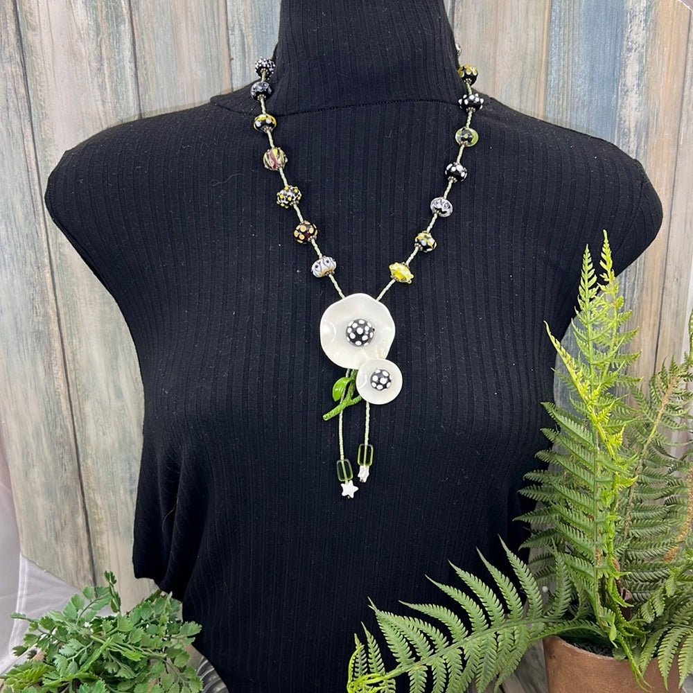 Adorned Crown Artisan Assemblage enamel flower green dot glass bead necklace