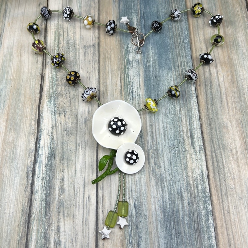Adorned Crown Artisan Assemblage enamel flower green dot glass bead necklace