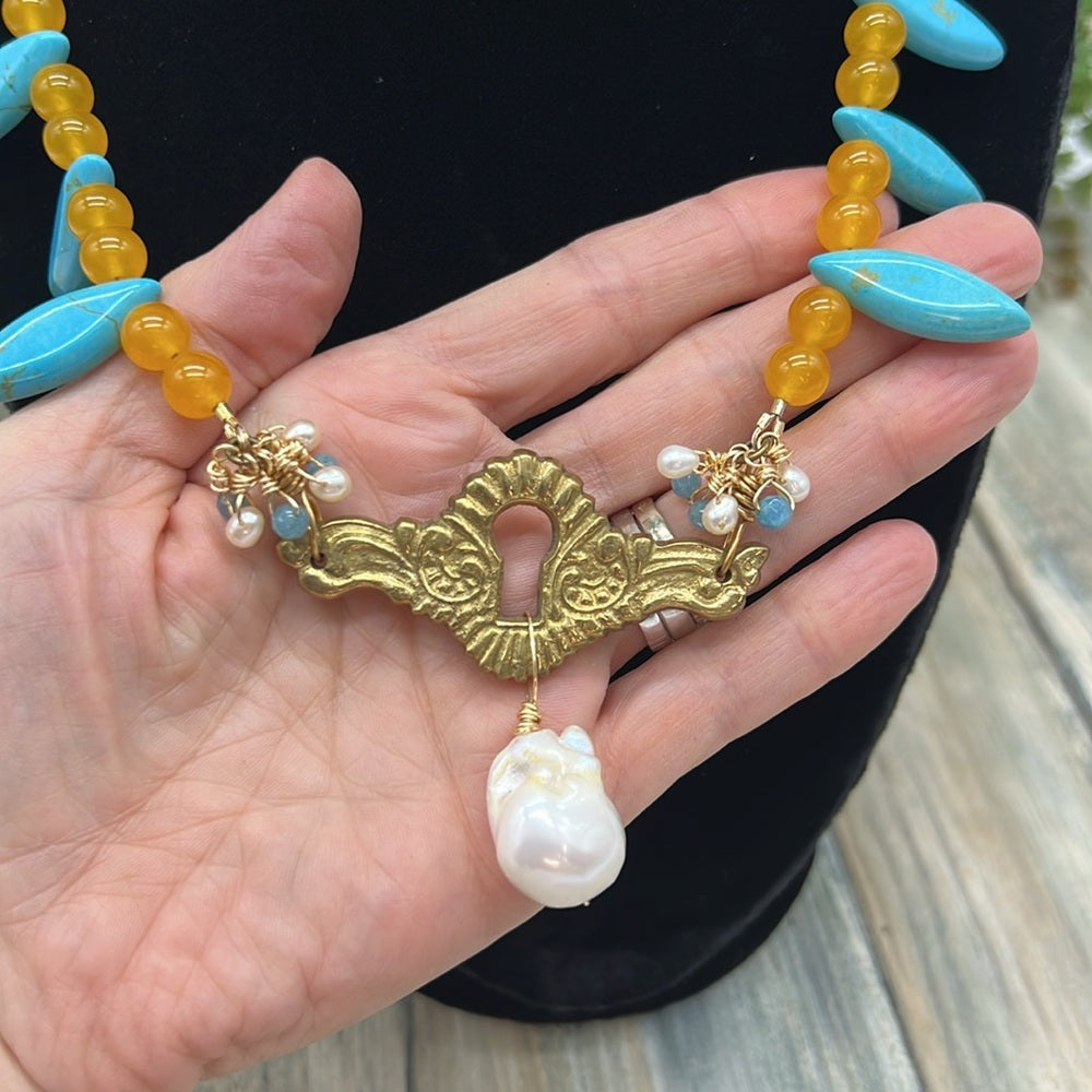 Adorned Crown Assemblage yellow jade turquoise keyhole baroque pearl necklace