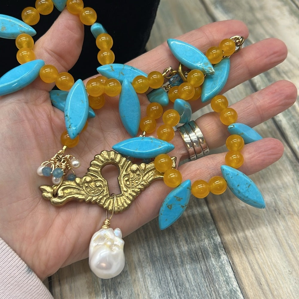 Adorned Crown Assemblage yellow jade turquoise keyhole baroque pearl necklace
