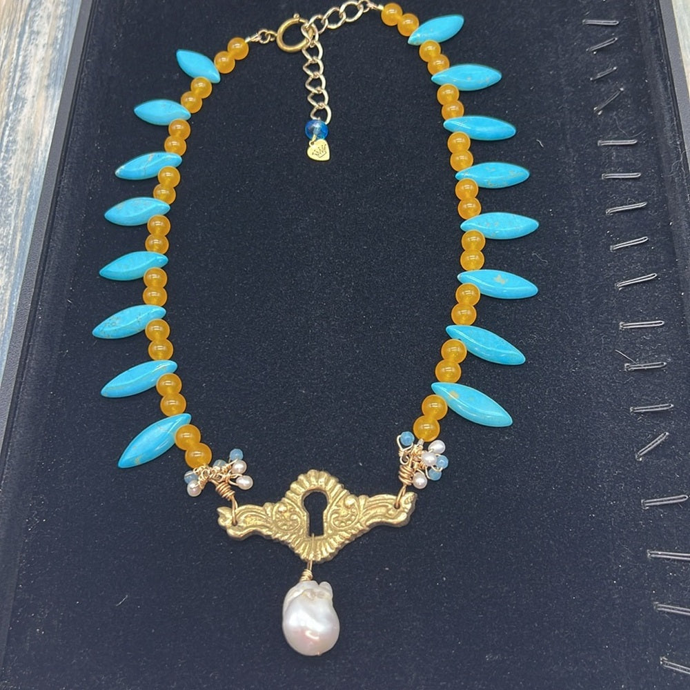 Adorned Crown Assemblage yellow jade turquoise keyhole baroque pearl necklace