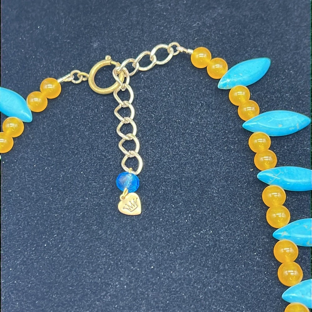 Adorned Crown Assemblage yellow jade turquoise keyhole baroque pearl necklace