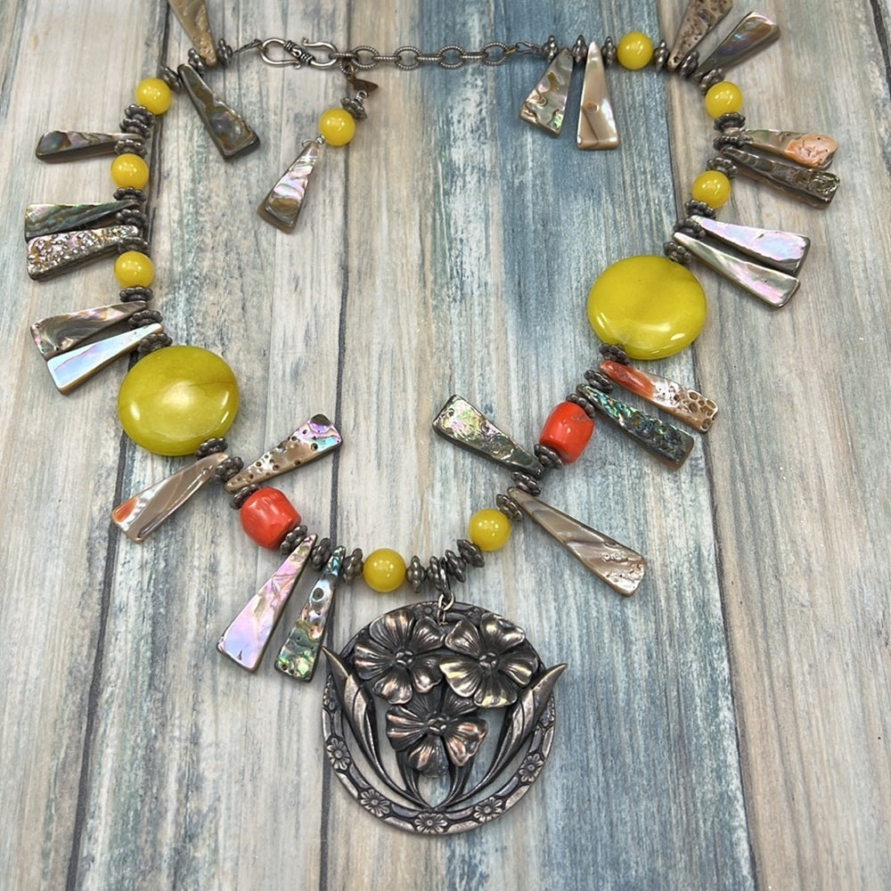 Adorned Crown Artisan Assemblage abalone shell stone floral pendant necklace