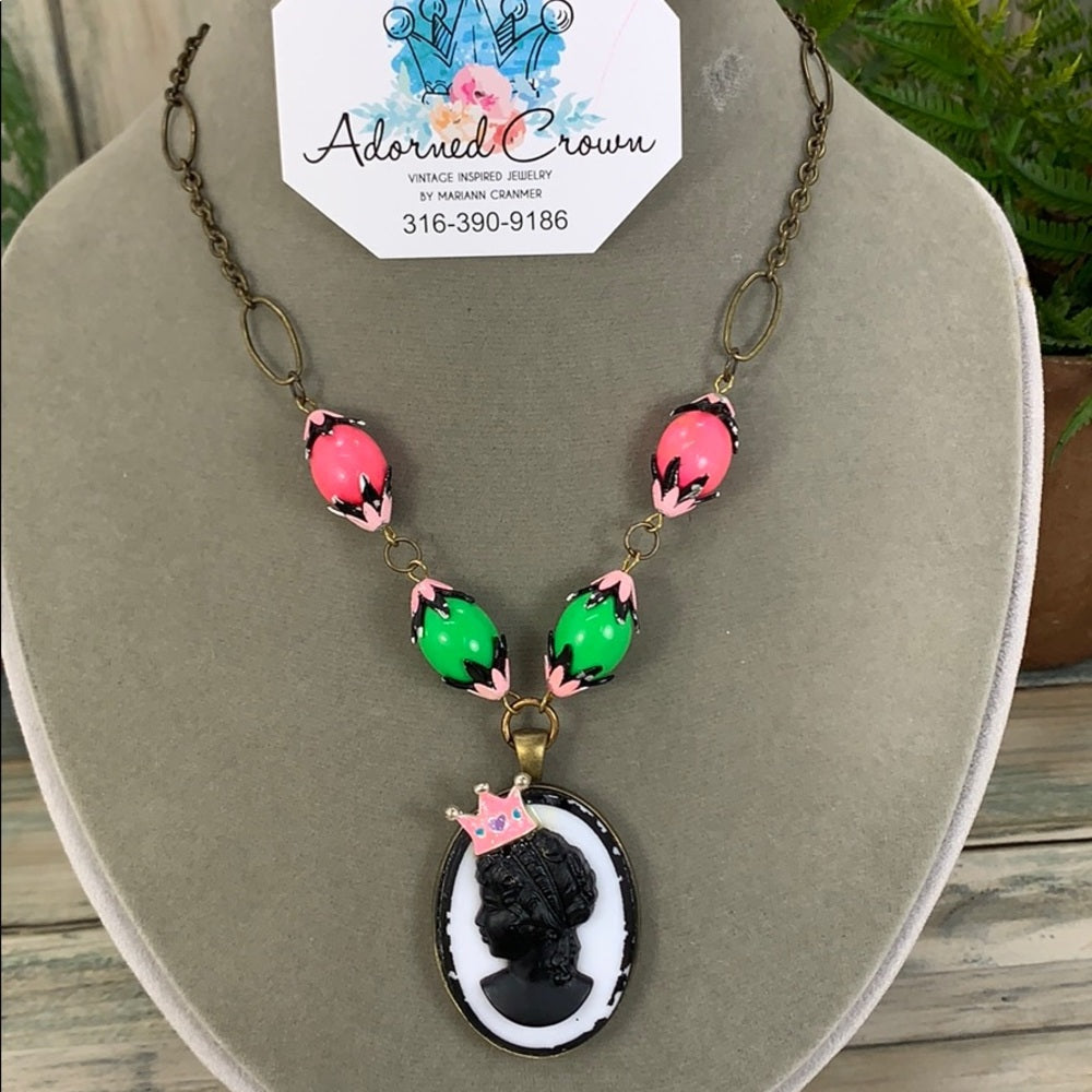 Adorned Crown artisan assemblage “cameo princess” pink green bead necklace