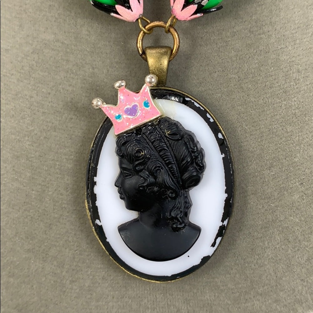 Adorned Crown artisan assemblage “cameo princess” pink green bead necklace