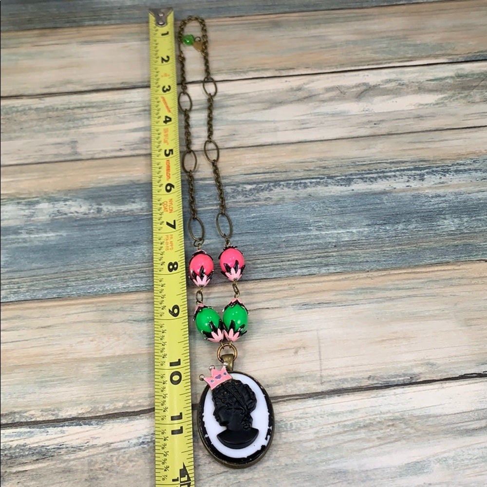 Adorned Crown artisan assemblage “cameo princess” pink green bead necklace