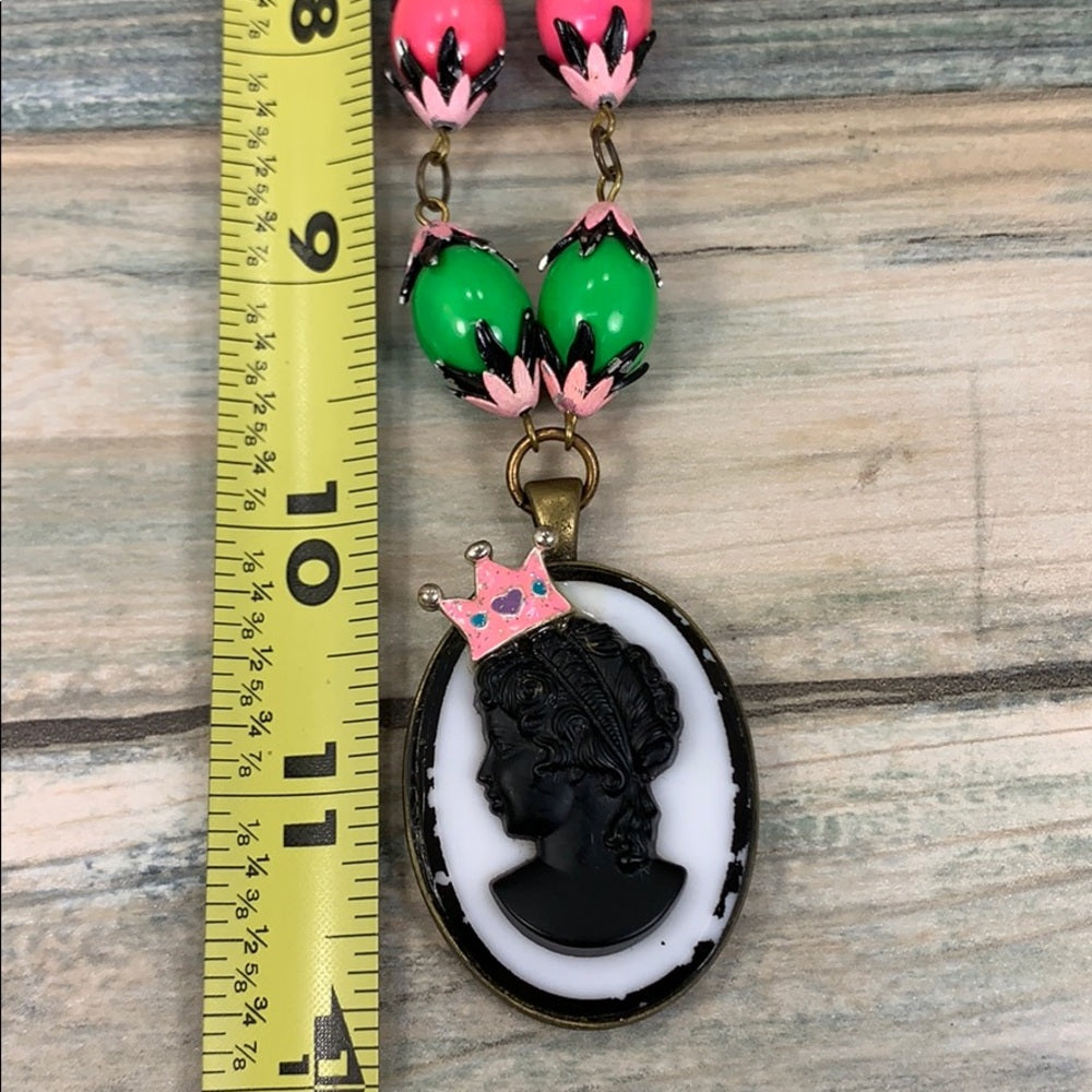 Adorned Crown artisan assemblage “cameo princess” pink green bead necklace