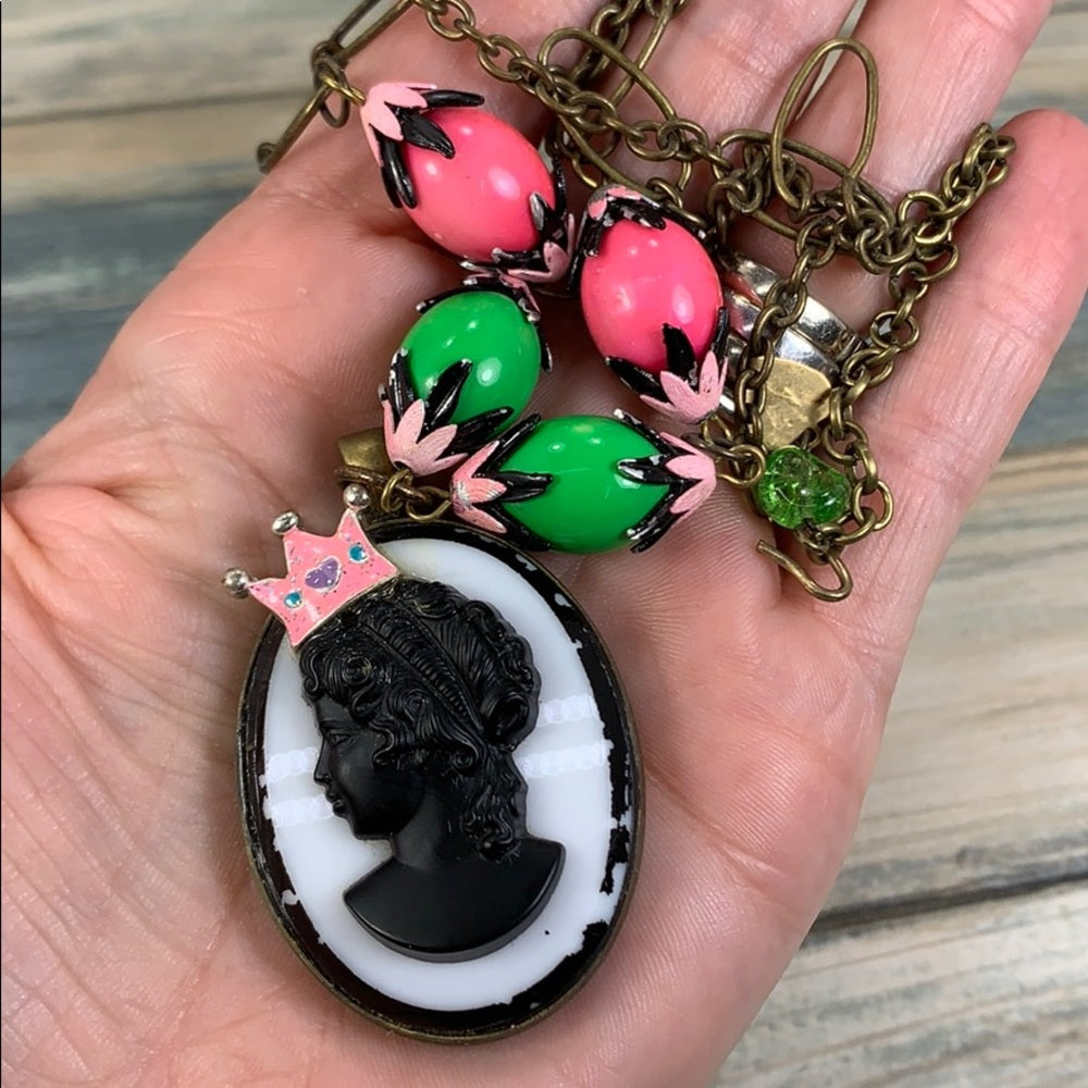 Adorned Crown artisan assemblage “cameo princess” pink green bead necklace