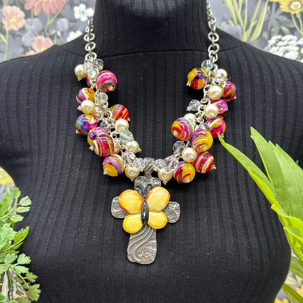Adorned Crown Jewelry assemblage enamel butterfly cross bauble necklace