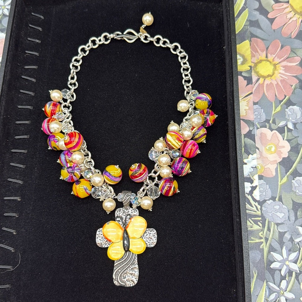 Adorned Crown Jewelry assemblage enamel butterfly cross bauble necklace