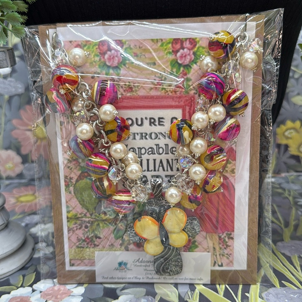 Adorned Crown Jewelry assemblage enamel butterfly cross bauble necklace
