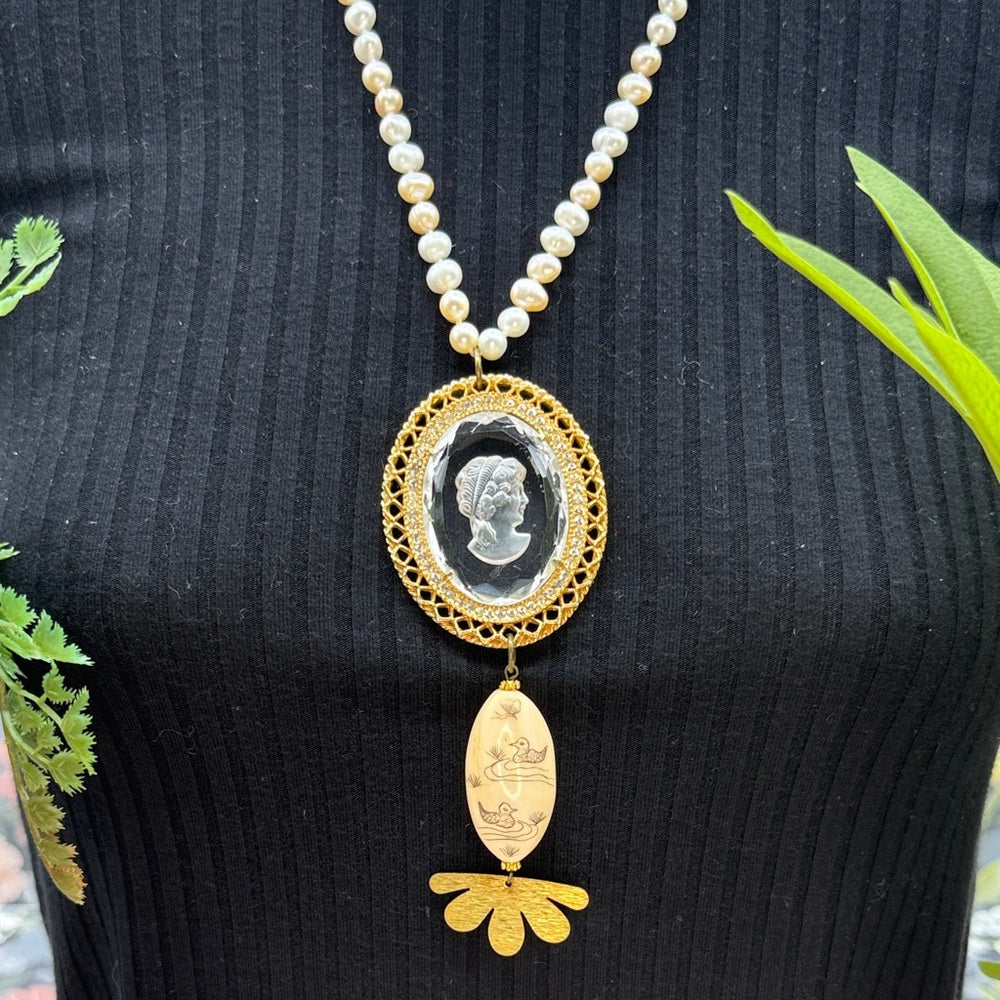 Adorned Crown Jewelry assemblage pearl intaglio cameo scrimshaw necklace