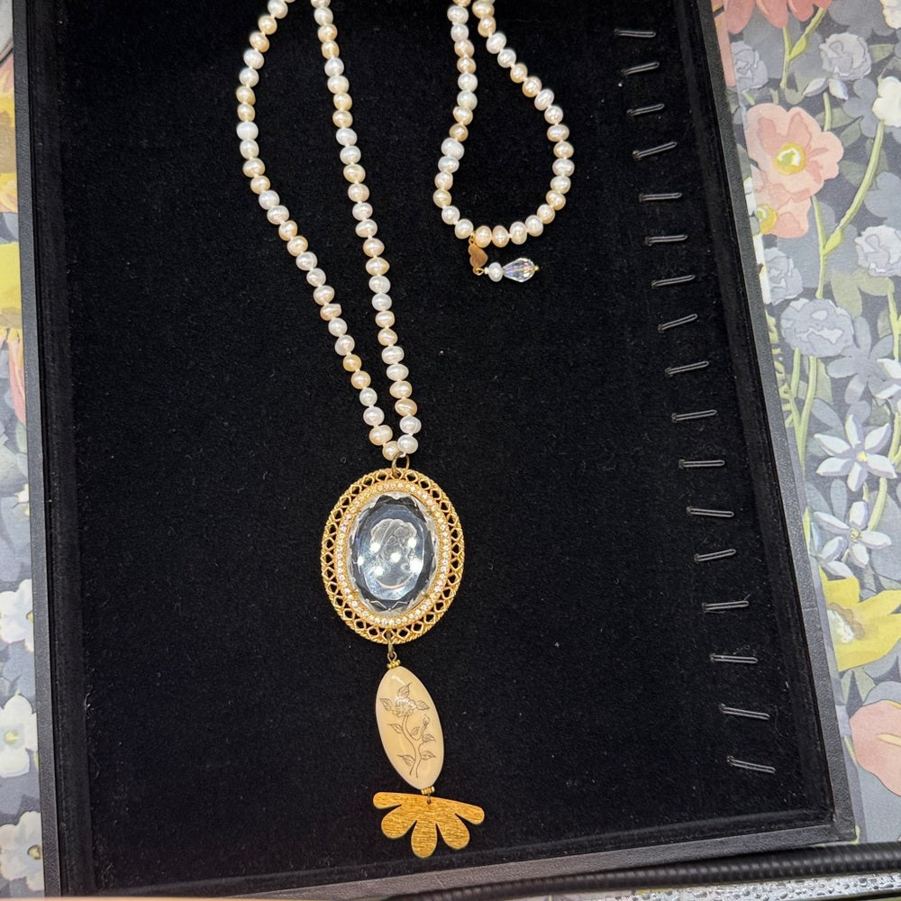 Adorned Crown Jewelry assemblage pearl intaglio cameo scrimshaw necklace