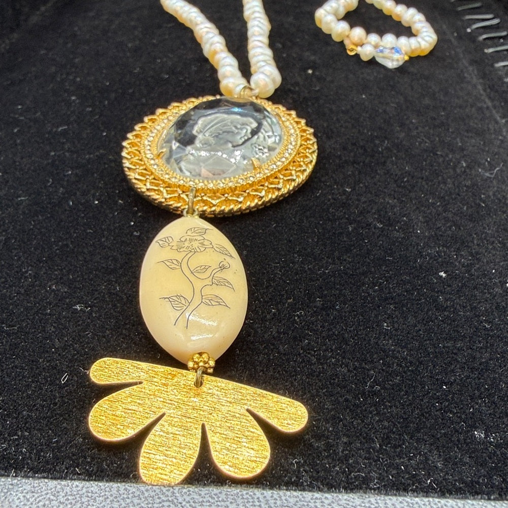 Adorned Crown Jewelry assemblage pearl intaglio cameo scrimshaw necklace