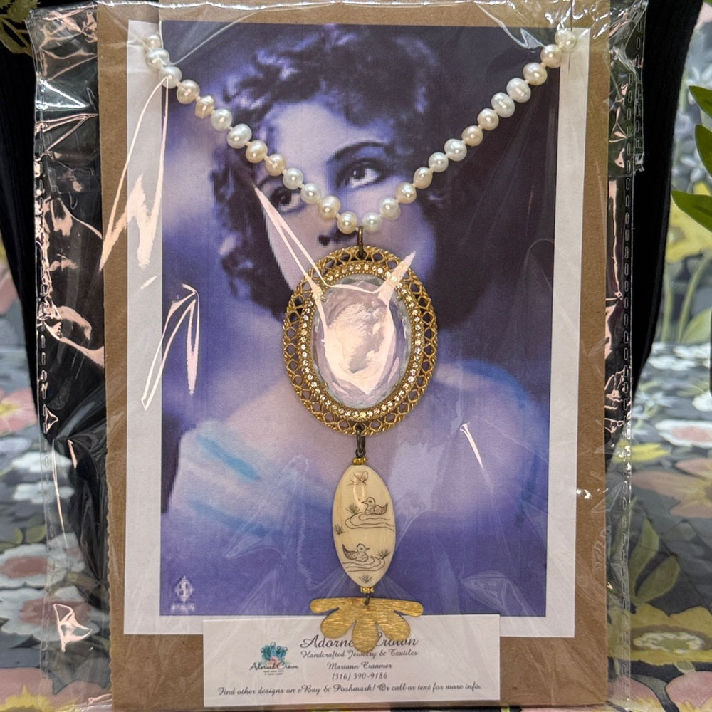 Adorned Crown Jewelry assemblage pearl intaglio cameo scrimshaw necklace