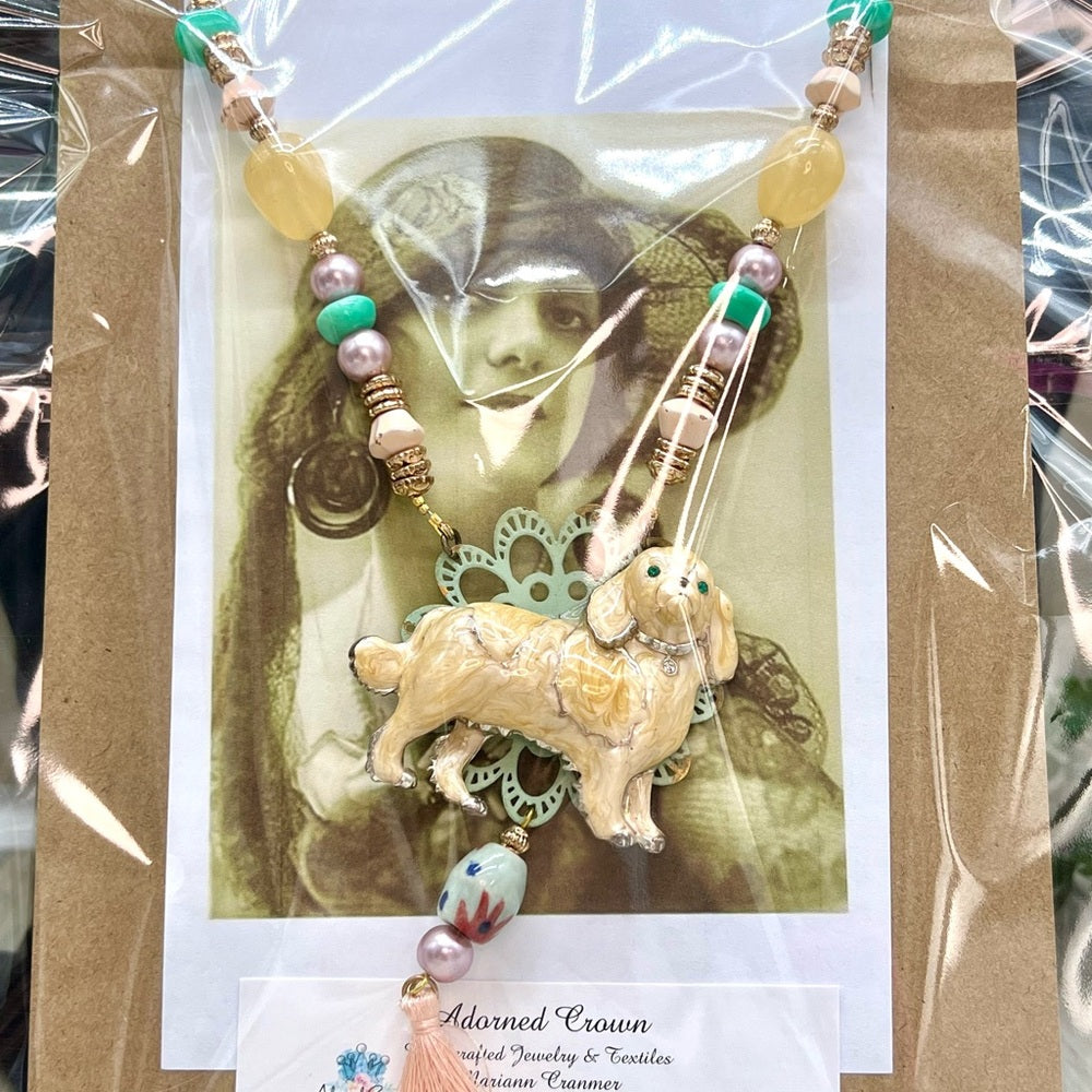Adorned Crown Jewelry assemblage enamel dog lovers pendant beaded necklace