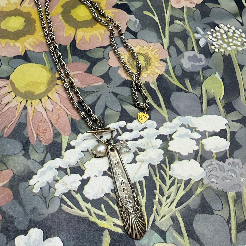 Adorned Crown Jewelry assemblage spoon handle pendant pearl necklace Peace