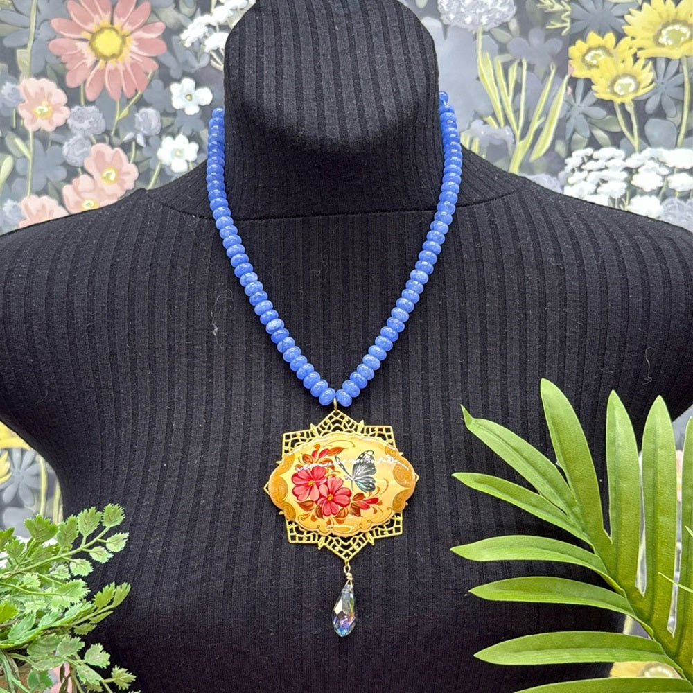 Adorned Crown Jewelry assemblage blue quartz painted butterfly necklace