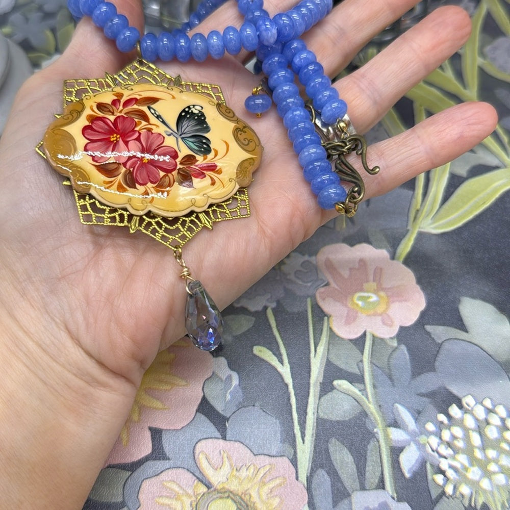 Adorned Crown Jewelry assemblage blue quartz painted butterfly necklace