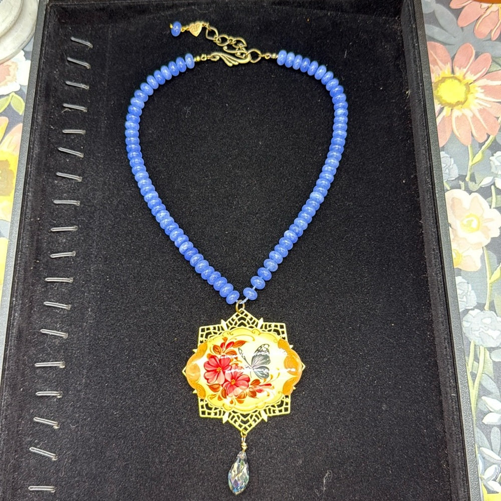 Adorned Crown Jewelry assemblage blue quartz painted butterfly necklace
