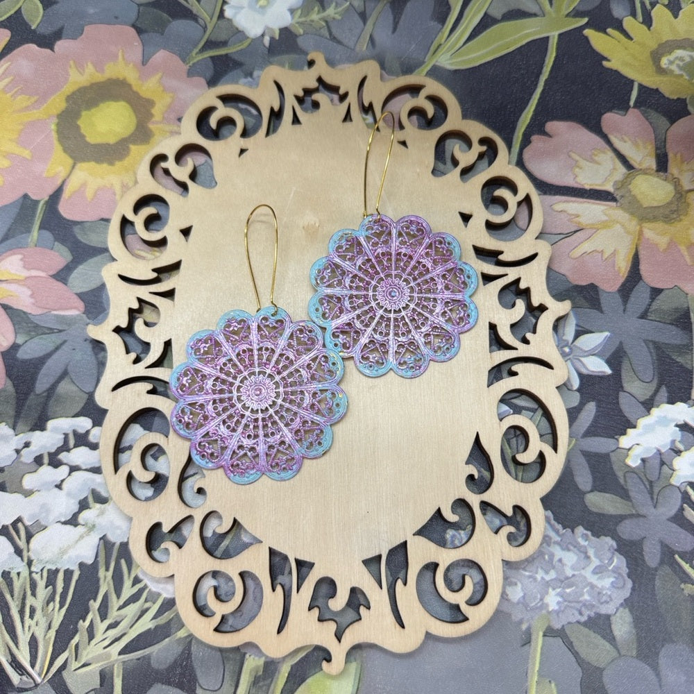 Adorned Crown Jewelry assemblage boho teal purple filigree earrings