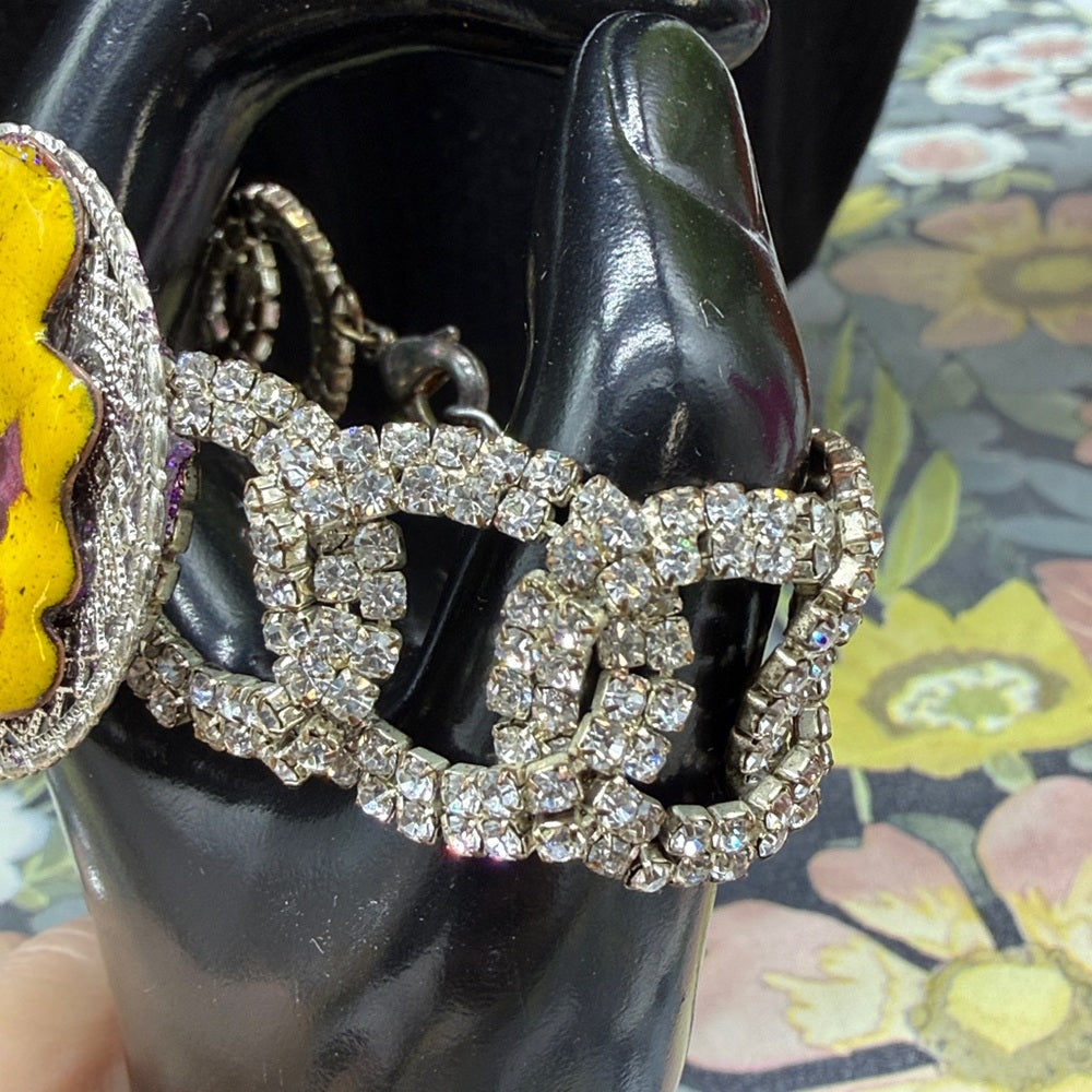 Adorned Crown Jewelry assemblage enamel flower rhinestone bracelet