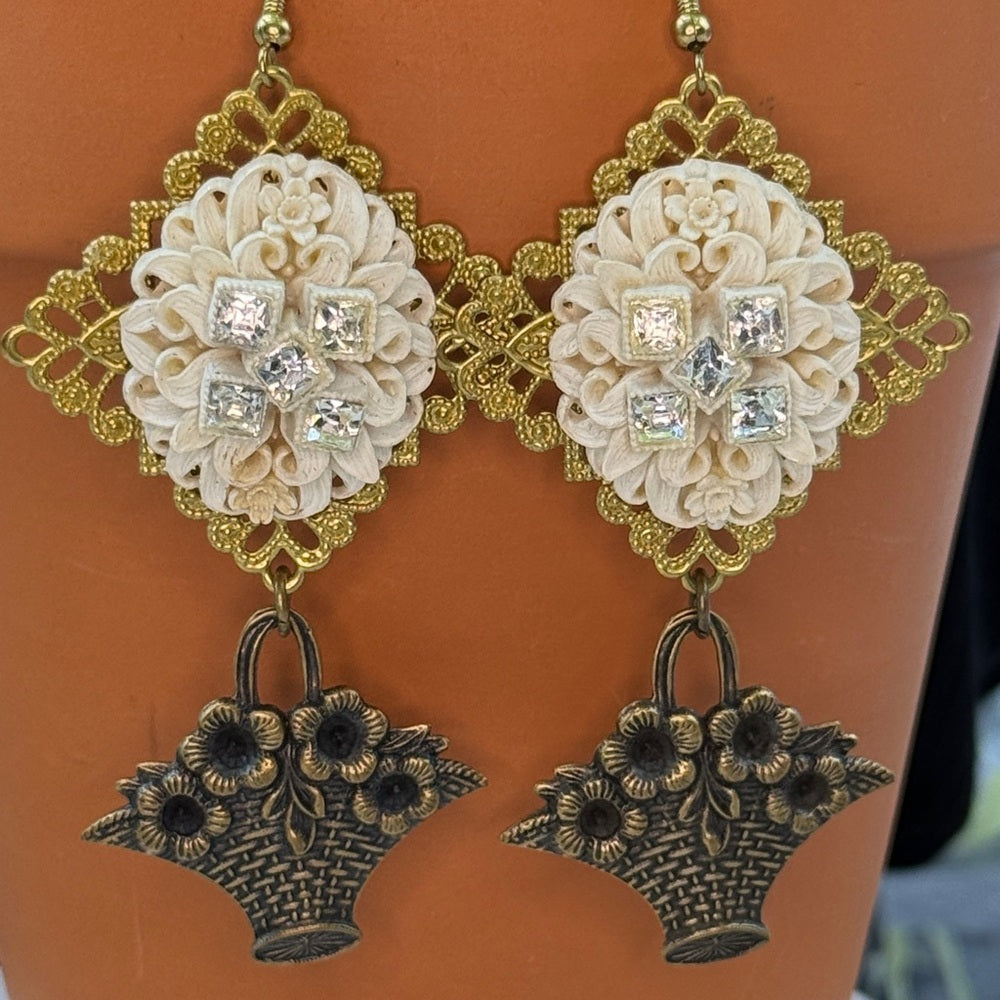 Adorned Crown Jewelry assemblage celluloid floral filigree earrings
