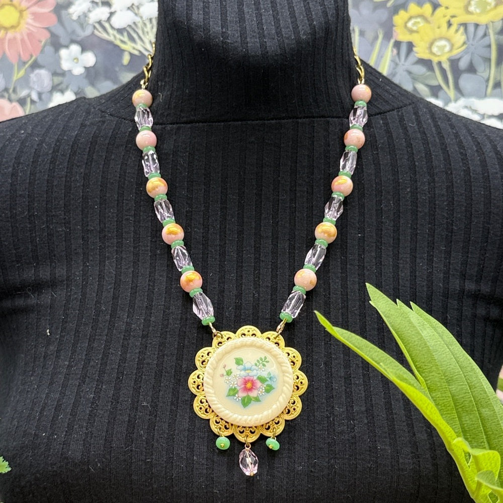 Adorned Crown Jewelry assemblage pink pastel floral ceramic pendant necklace