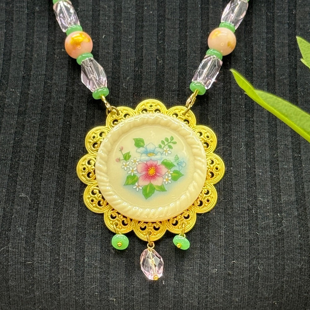 Adorned Crown Jewelry assemblage pink pastel floral ceramic pendant necklace