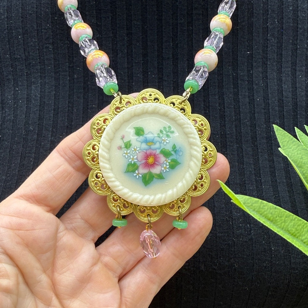 Adorned Crown Jewelry assemblage pink pastel floral ceramic pendant necklace