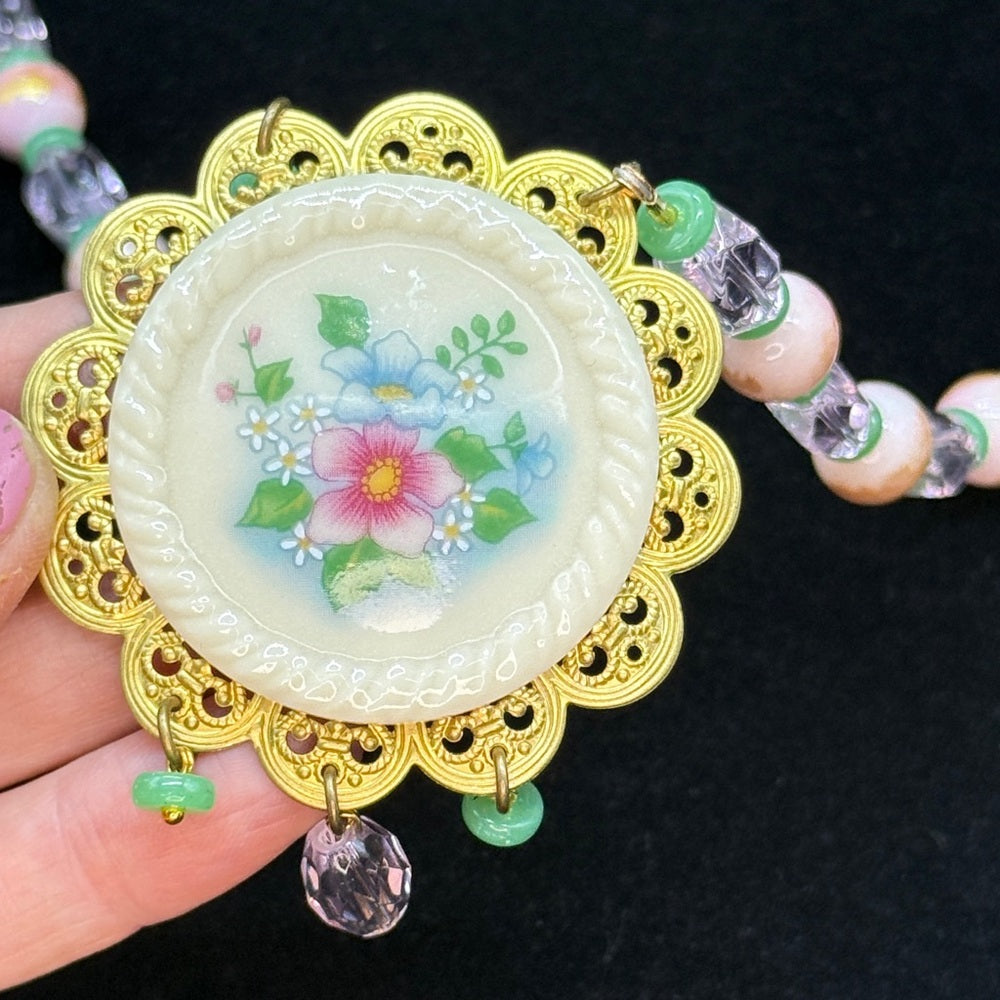 Adorned Crown Jewelry assemblage pink pastel floral ceramic pendant necklace