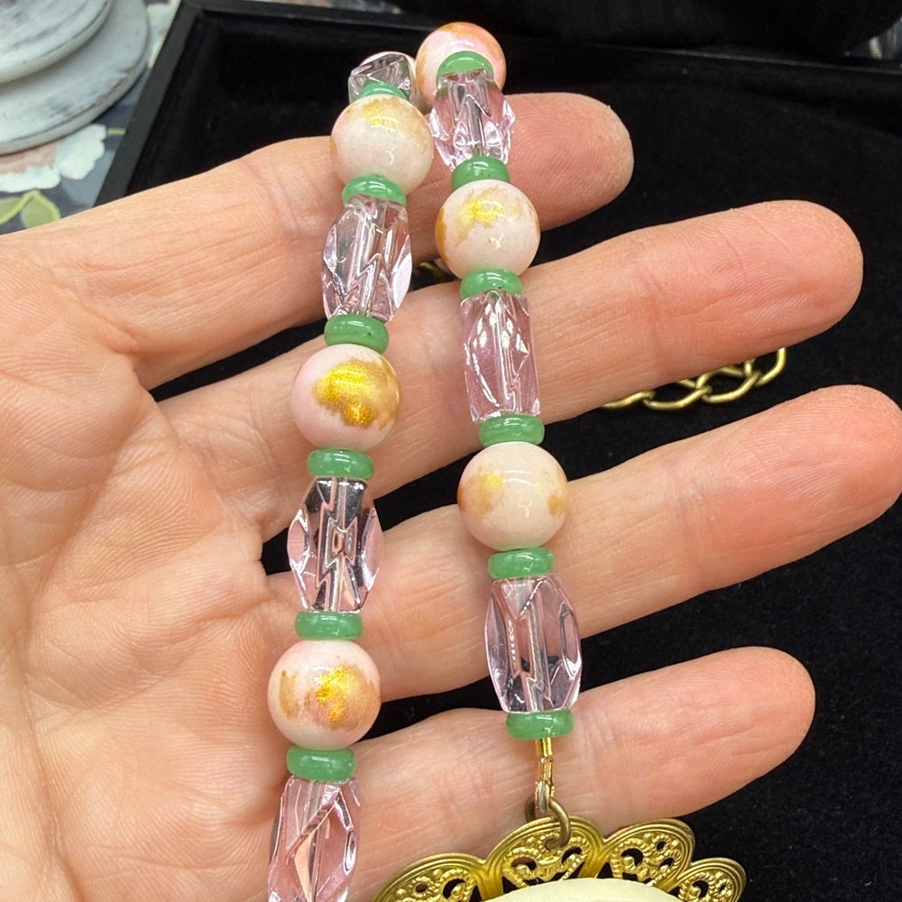 Adorned Crown Jewelry assemblage pink pastel floral ceramic pendant necklace
