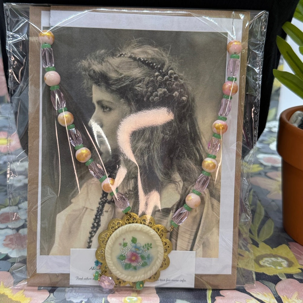 Adorned Crown Jewelry assemblage pink pastel floral ceramic pendant necklace