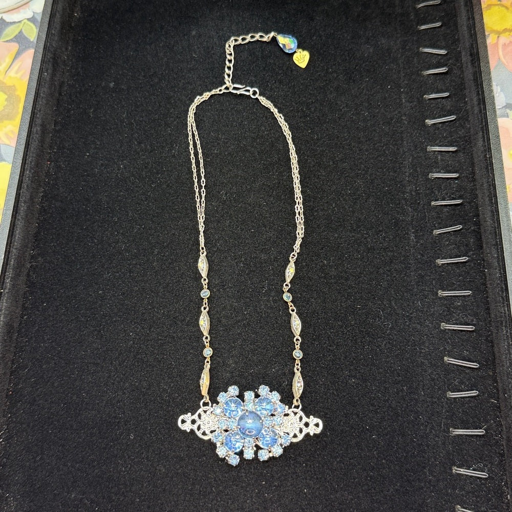 Adorned Crown Jewelry assemblage rhinestone blue cluster filigree necklace