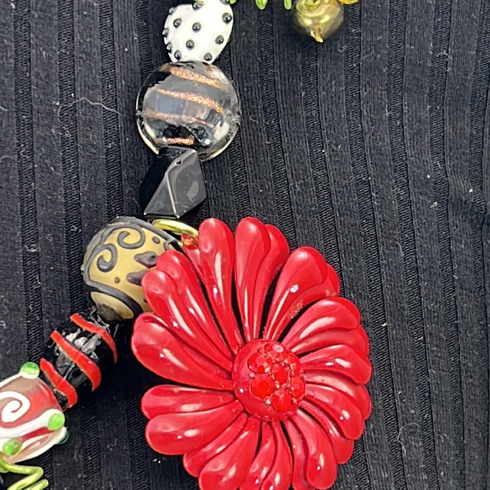 Adorned Crown Artisan Assemblage jingle bell poinsettia Christmas necklace