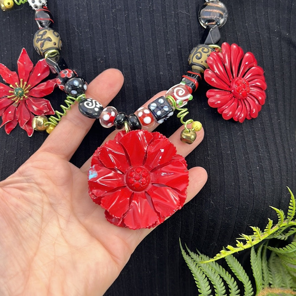 Adorned Crown Artisan Assemblage jingle bell poinsettia Christmas necklace