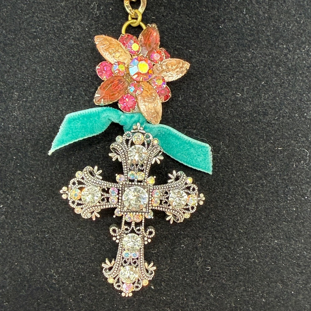 Adorned Crown Jewelry assemblage rhinestone cross pink cluster necklace