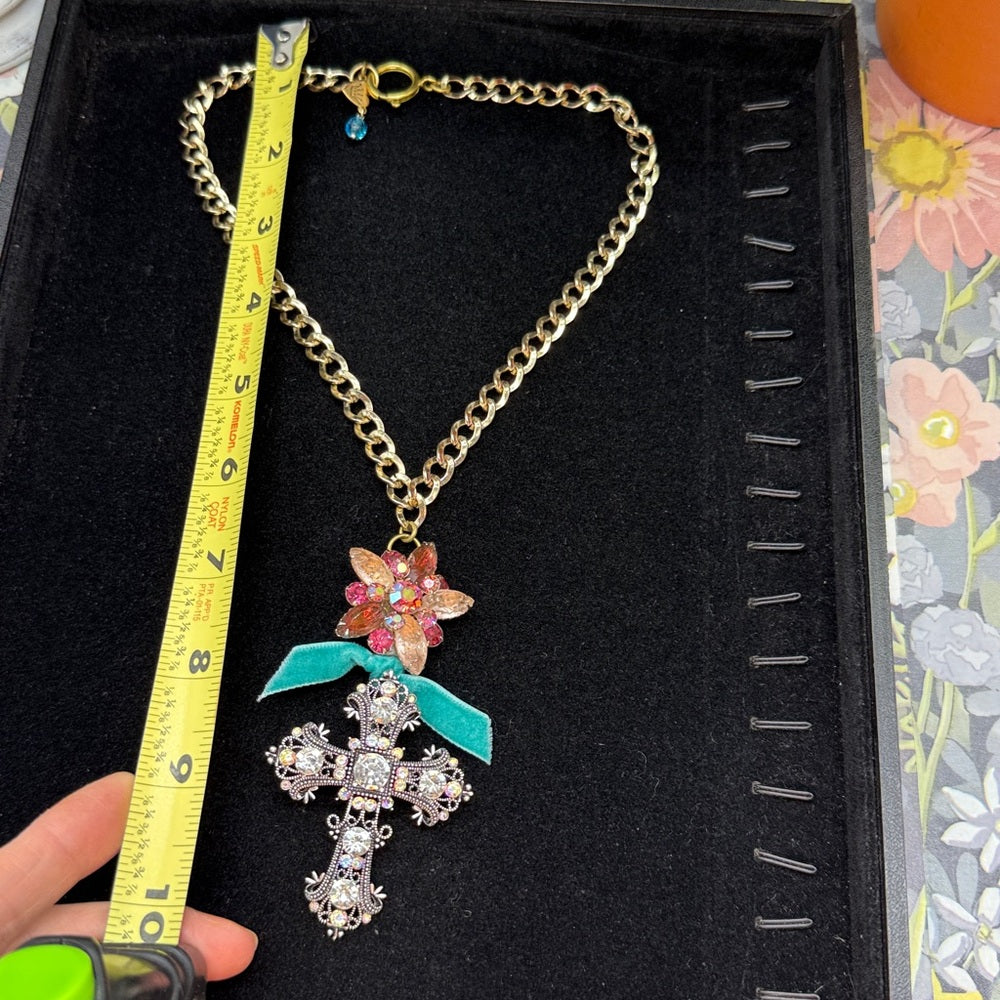 Adorned Crown Jewelry assemblage rhinestone cross pink cluster necklace